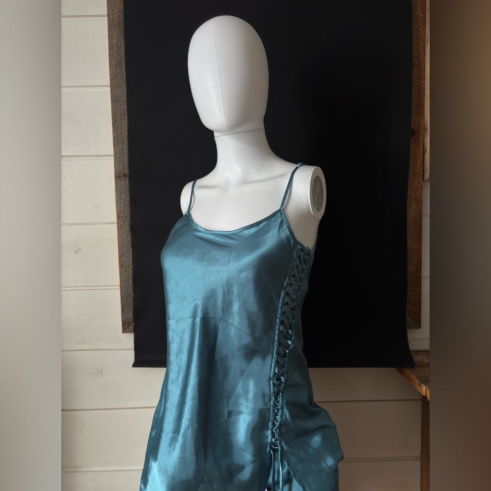 La Vie En Rose Satin Side Lace Slip Dress - Teal Blue